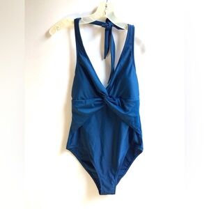 Women's One-Piece Swimsuit Halter Plunge V-Neck Twist Front teal sz M beachwear